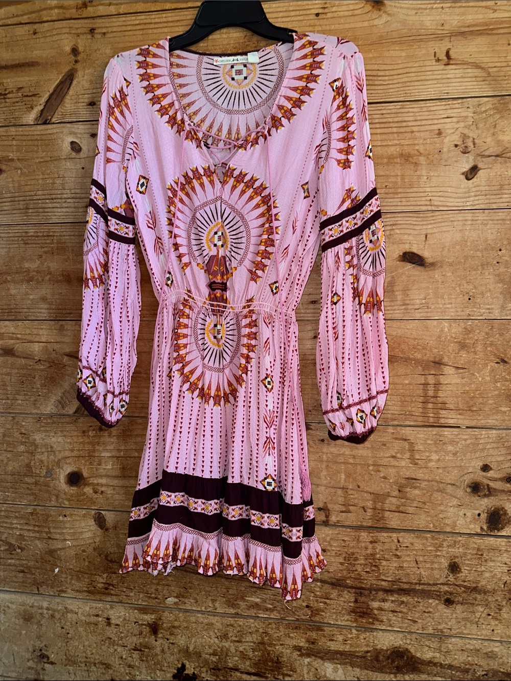 Chelsea & Violet Pink Printed Boho Empire-Waist Long-Sleeve Dress